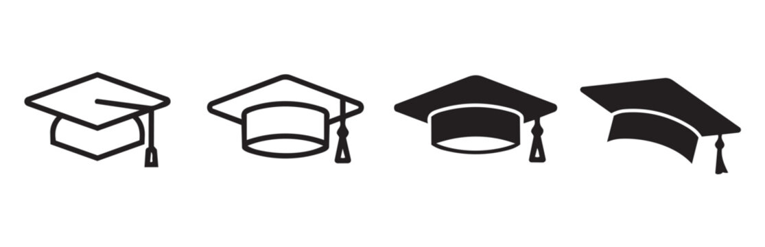 Four different graduation cap vector icons in various styles and colors for academic and educational designs