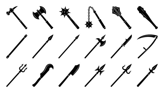 Set of ancient historical melee weapon silhouettes perfect for game assets and fantasy adventures