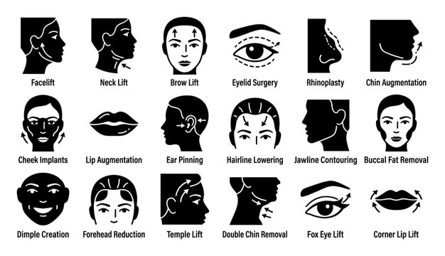 Set of plastic surgery icons for face and neck aesthetic treatments and medical services