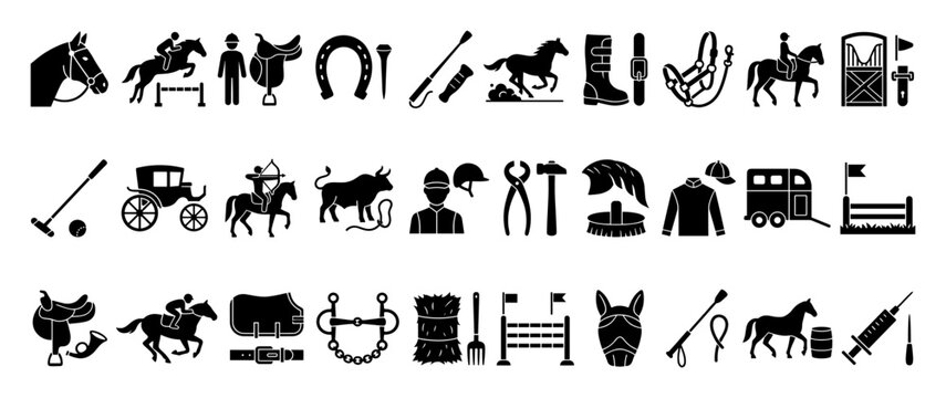 Set of essential equestrian icons showcasing horse and rider activities with stable tools