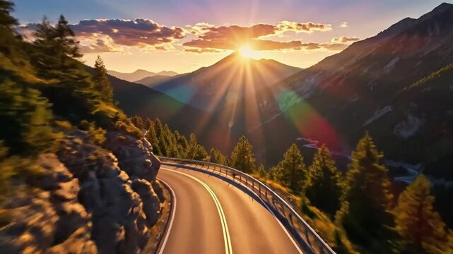 Scenic mountain highway with a sharp curve and guardrail, leading towards a sunlit peak during a vibrant sunrise with lens flare and scattered clouds