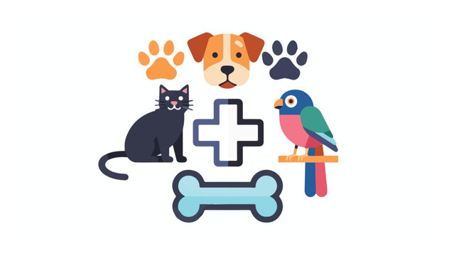 Animal health care concept with dog cat bird paws bones and plus sign in bright colors suitable for veterinary and pet protection themes