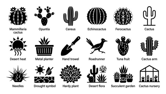 Set of cactus and desert plant icons for gardening websites, nature education, or arid landscape designs.