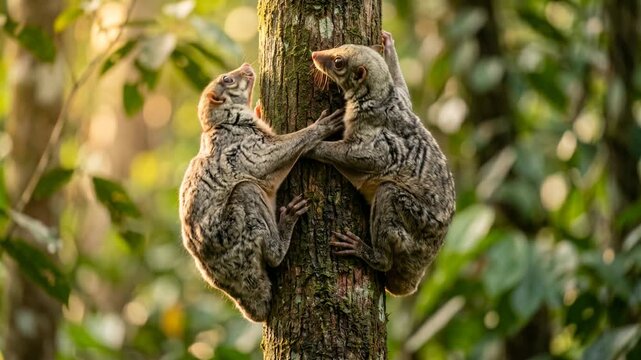 two flying lemur close up in borneo rainforest morning light video