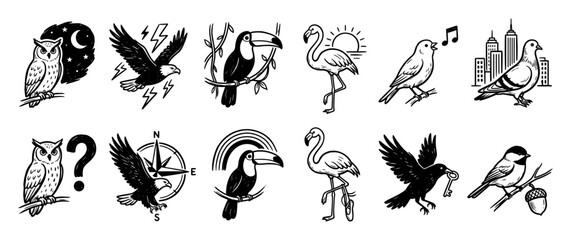 Fototapeta premium Set of various bird species with symbolic meanings for graphic projects and wildlife education