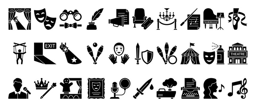 Set of theatre drama and performing arts glyph icons for entertainment business design projects