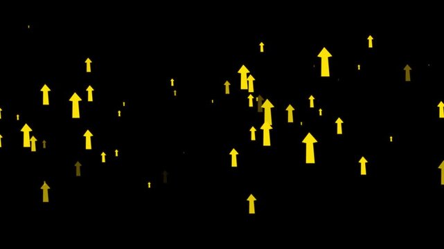 Rising yellow arrow pointing up animation on black background arrow moving upward direction for market analytics business growth and success concept video professional stock footage loop visual