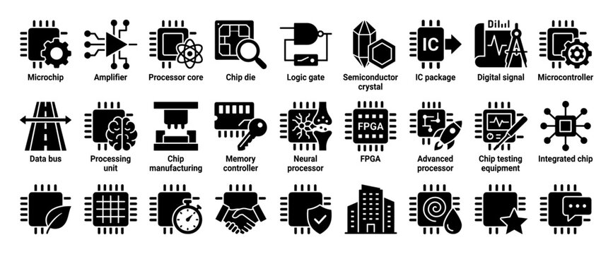 Set of microchip, processor, and electronic technology icons for engineering and data systems.