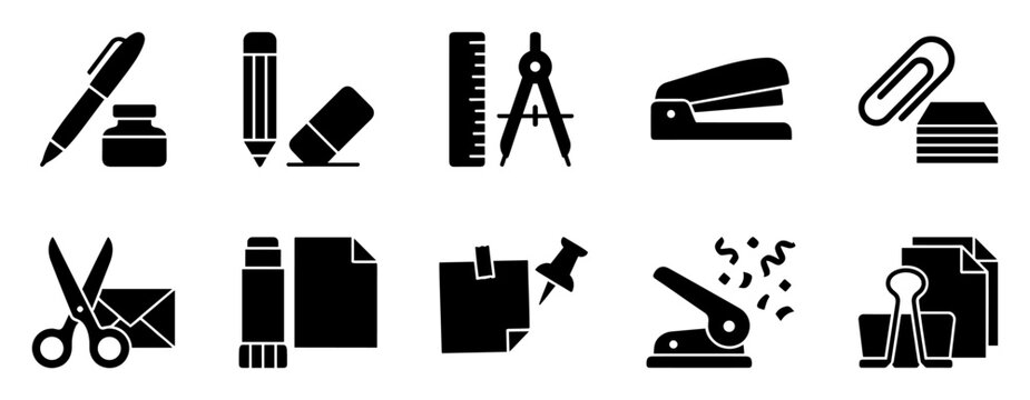 Set of basic stationery and office supplies icons for education work and business tools