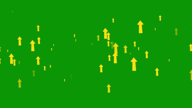 Rising yellow arrow pointing up animation on green background arrow moving upward direction for market analytics business growth and success concept video chroma key stock footage loop visual effec