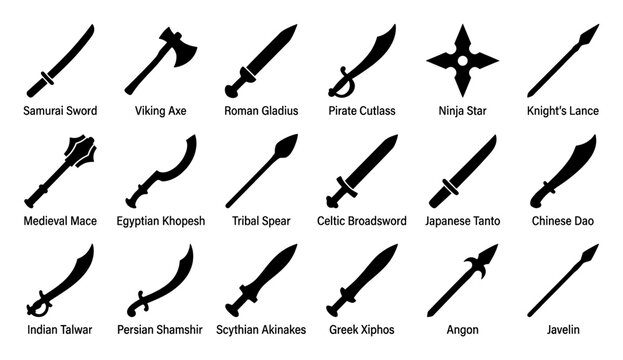 Set of diverse historical weapon icons and ancient combat tools for game and educational use