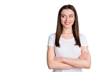 Fototapeta premium Portrait of nice optimistic content girl cross her hands look empty space listen her colleagues decide decisions solution wear stylish summer outfit isolated over gray color background