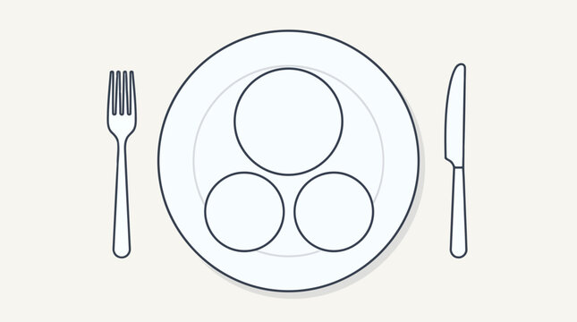 Minimalist line art icon of a dinner plate with fork and knife and three circles representing food portions