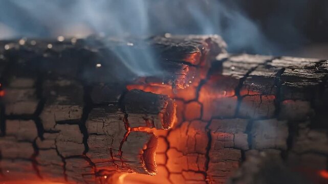 Macro view of glowing fire embers on wood