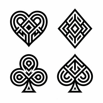 Tribal geometric playing card suits vector set in black and white