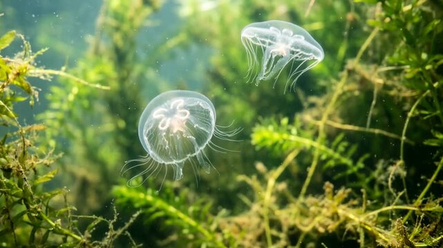 two freshwater jellyfish underwater close up in yangtze river china morning light video