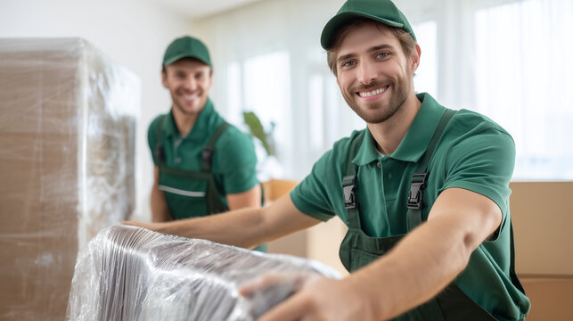 Professional movers carrying wrapped furniture into a new home. Relocation, moving service, packing, transportation and home delivery concept.