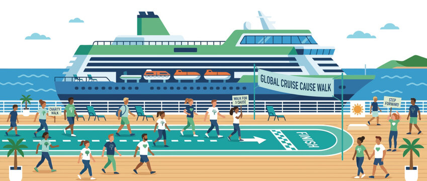 Diverse People Walking on Cruise Ship Deck for Global Cause Walk Event