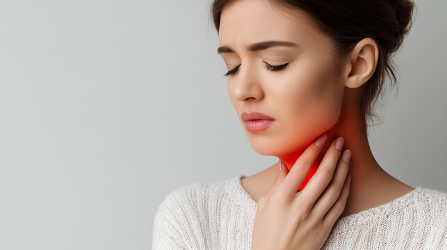 Young woman suffering from sore throat and neck pain with highlighted inflammation area. Healthcare concept of throat infection, illness, swallowing pain, cold, flu and medical treatment.