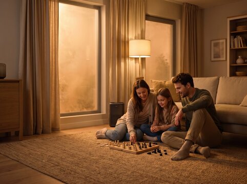 Board game family time in living room with orange smoke beyond sealed window