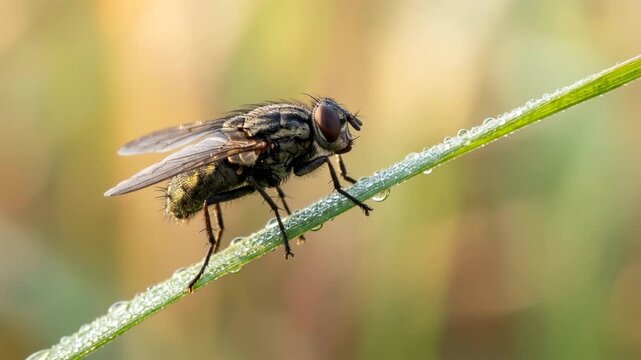 house fly close up in english countryside morning light video
