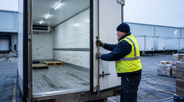 Refrigerated trailer doors closing at empty wholesale distribution dock