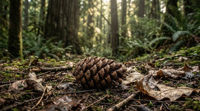 Brown pine cone on the forest floor in autumn