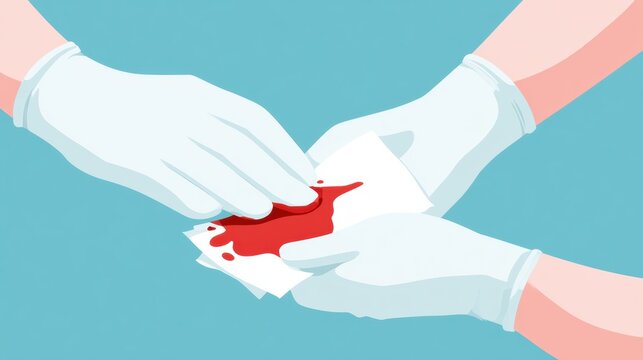 Hands in sterile gloves apply direct pressure to a bleeding wound using a clean cloth in a medical education setting with a simple design