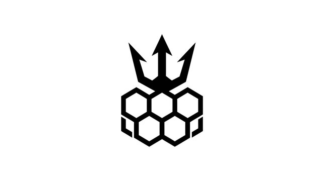 Black trident emerging from geometric honeycomb shapes.