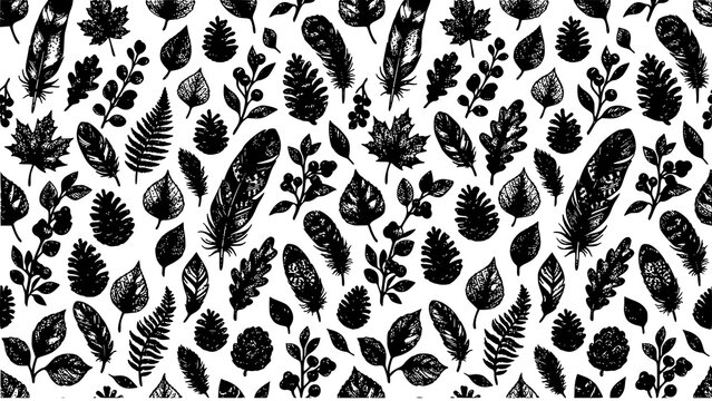 Black and white leaf and feather pattern botanical illustration
