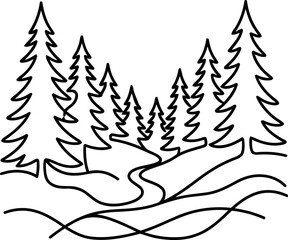 Fototapeta premium Minimalist Evergreen Forest Landscape Outline with Winding River
