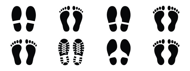 Human Foot and Shoe Print Icons set. Vector symbols featuring footprint and shoe sole prints for walking, tracking, navigation, and interface design. © Ashraful 01