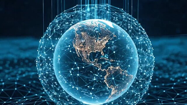 A digital globe floating above a glowing network grid representing global connectivity and data flow