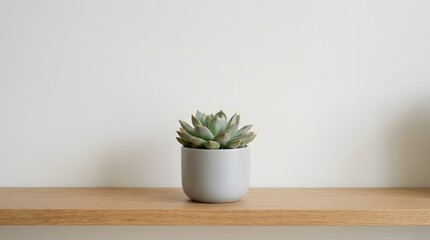 Fototapeta premium Potted succulent plant on wooden table in minimalist bright interior