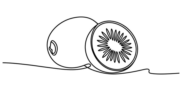 Continuous single line drawing of fresh kiwi fruit with a slice showing seeds in a simple minimalist art style