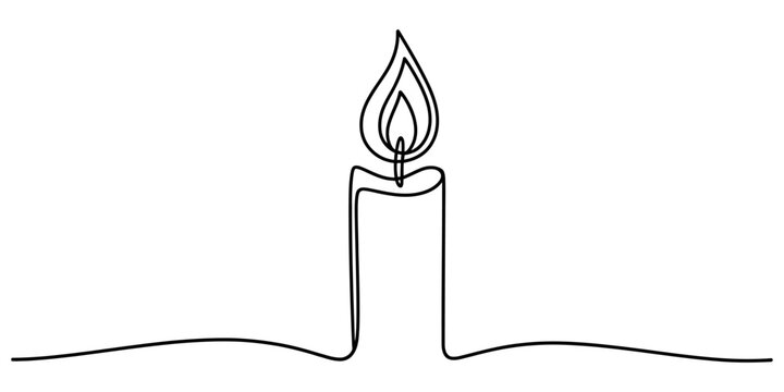 Minimalist continuous line drawing of a single burning candle with a flickering flame