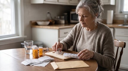 Fototapeta premium Senior woman rationing prescription pill on wooden cutting board at home
