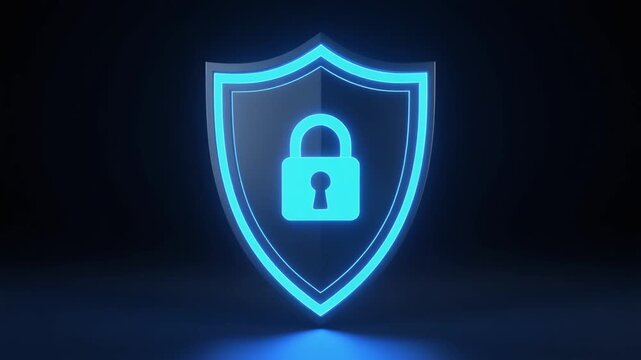 "Glowing blue shield with padlock symbol, representing cybersecurity, data protection, and secure digital networks."
