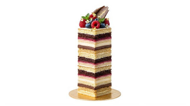 Tall layered dessert cake with berries and chocolate cream on golden plate transparent background