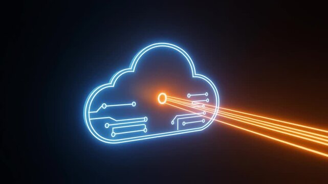 "Glowing cloud icon with circuit lines and orange beam, symbolizing cloud computing, data transfer, and futuristic connectivity."