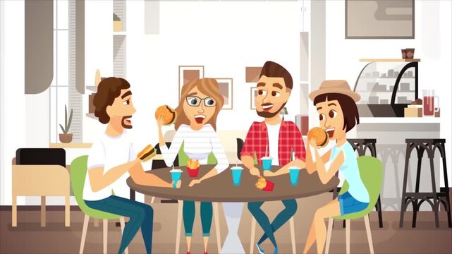 2D Animated Group of Friends Eating Pizza at Cafe Table, Young People Having Fun and Chatting in Restaurant, Flat Vector Illustration