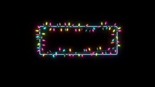 Colorful Christmas lights rectangular border frame on a black background.