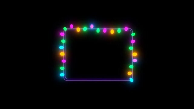 Colorful Christmas neon string lights rectangular border on black background.
