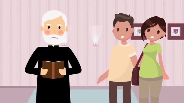 2D Animated Wedding Ceremony or Blessing, Priest Holding Holy Bible Book Blessing Young Bride and Groom Couple, Flat Vector Design