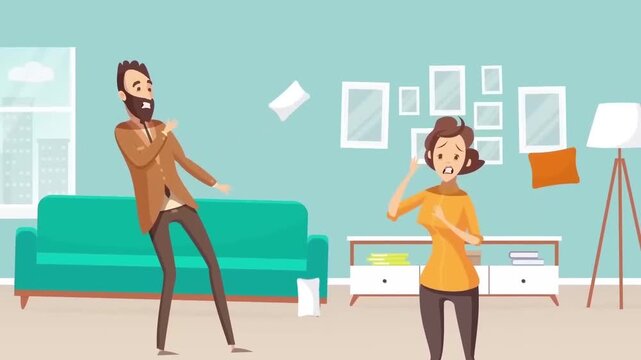 2D Animated Family Fight in Living Room, Angry Couple Arguing and Shouting at Each Other, Domestic Relationship Conflict Flat Vector