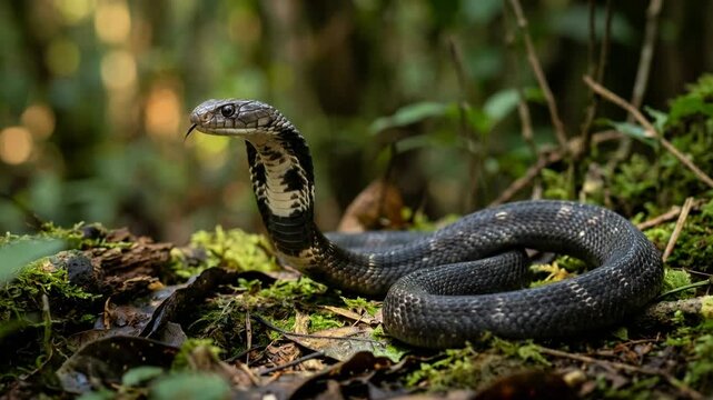 forest cobra close up in african rainforest morning light video