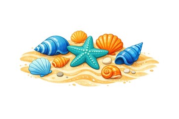 Fototapeta premium Colorful seashells on sandy beach.