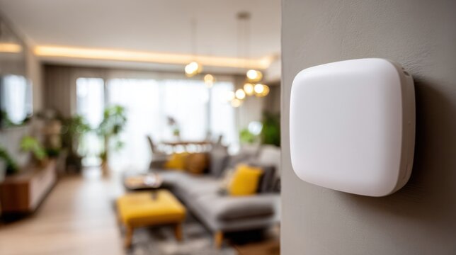 Closeup of a smart airquality sensor mounted on a wall sharply focused with blurred background showing a modern living room environment.