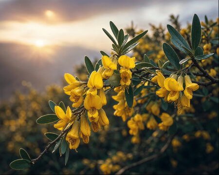 Gorse Bush Blooming at Sunset with Mountain Landscape