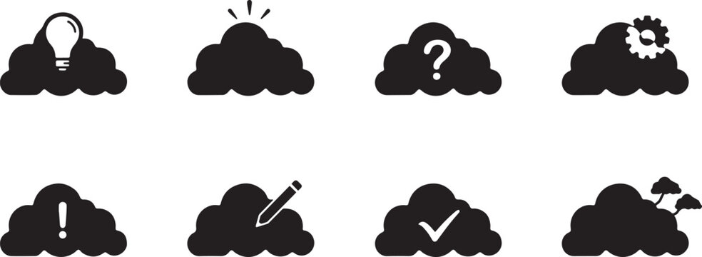 Minimalist black silhouette of a brainstorm cloud vector icon set. square type Bundle